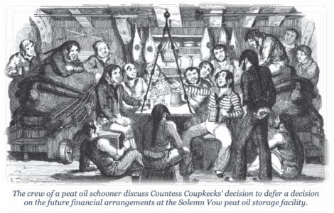 A group of people sit and stand inside a ship’s cabin, engaged in discussion around a central table, with various objects and hanging lanterns visible.
