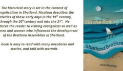 Book cover and description for "On the Rolling Tide: The story of the Shetland Brethren" by Chris Nicolson, detailing the history of evangelism in Shetland.