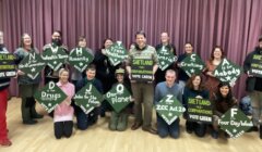A group of people indoors, posing and holding green campaign signs with messages supporting environmental and social issues, including "Vote Green" and "Shetland for Corporations.