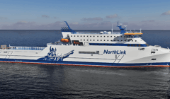 A NorthLink ferry with a Viking logo sails on calm open water under a partly cloudy sky.