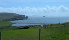 Coastal view in Scotland featuring grassy fields in the foreground, a small inlet, and dramatic sea stacks in the distance under a blue sky.