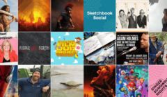 A 4x5 grid of various event flyers and promotional images, including musicians, films, sketches, venues, and logos, arranged in a colourful collage format.