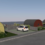 Computer-rendered view of curved pod-style cabins in yellow, red and teal beside a sea view, with parked cars, low fencing and shrubs along