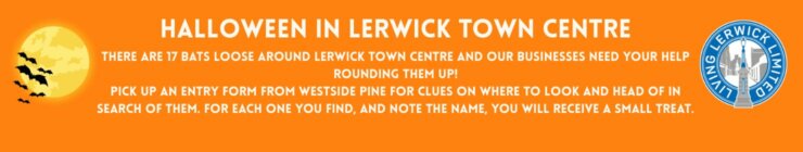 Orange banner advertising a Halloween bat trail in Lerwick town centre, with a full moon and bats on the left and a Living Lerwick logo on