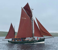 A green and black traditional sailing boat with brown sails, labeled LK 243, floats on calm waters with a few people onboard and land in the distant background.