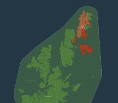 A map highlighting Shetland and surrounding islands. Dark green areas represent land, while areas in various shades of red and orange indicate different regions within the map boundary.