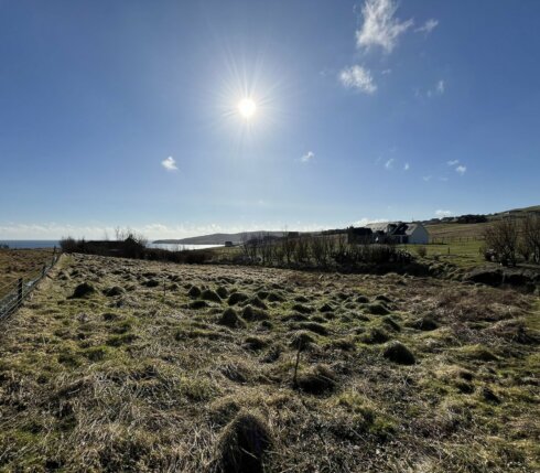 A grassy field with patches of uneven ground under a bright sun, with a distant coastline and scattered buildings in the background.